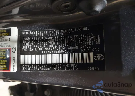 2011 Toyota Avalon Limited z USA, uszkodzony, nr VIN 4T1BK3DB9BU425871